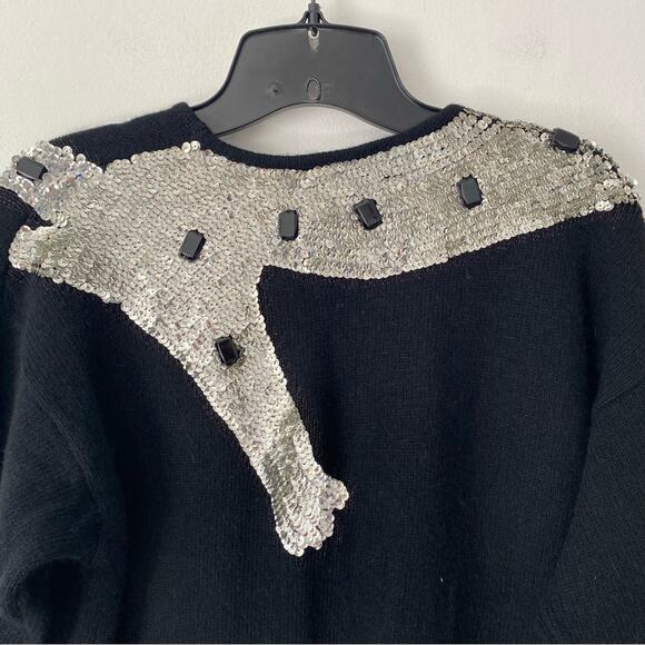 Vintage Outlander Silver Sequin Cheetah Leopard Black Angora Blend Sweater large - Picture 6 of 7